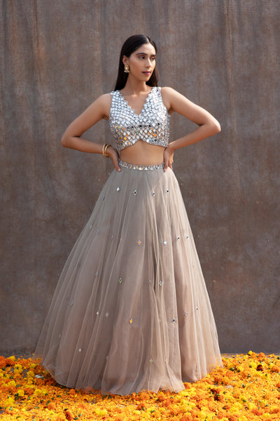 V-Hem Mirror Work Blouse With High Waist Lehenga And Dupatta Set