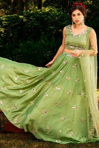 Chanderi Mirror Work Lehenga Set