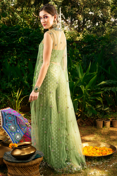 Net Floor Length Mirror Work Jacket With Lurex Georgette Crop Top And Pallazo Set
