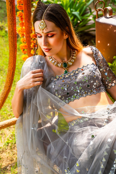 Tulle Mirror Lehenga With Net Square Neck Bustier And Tulle Dupatta