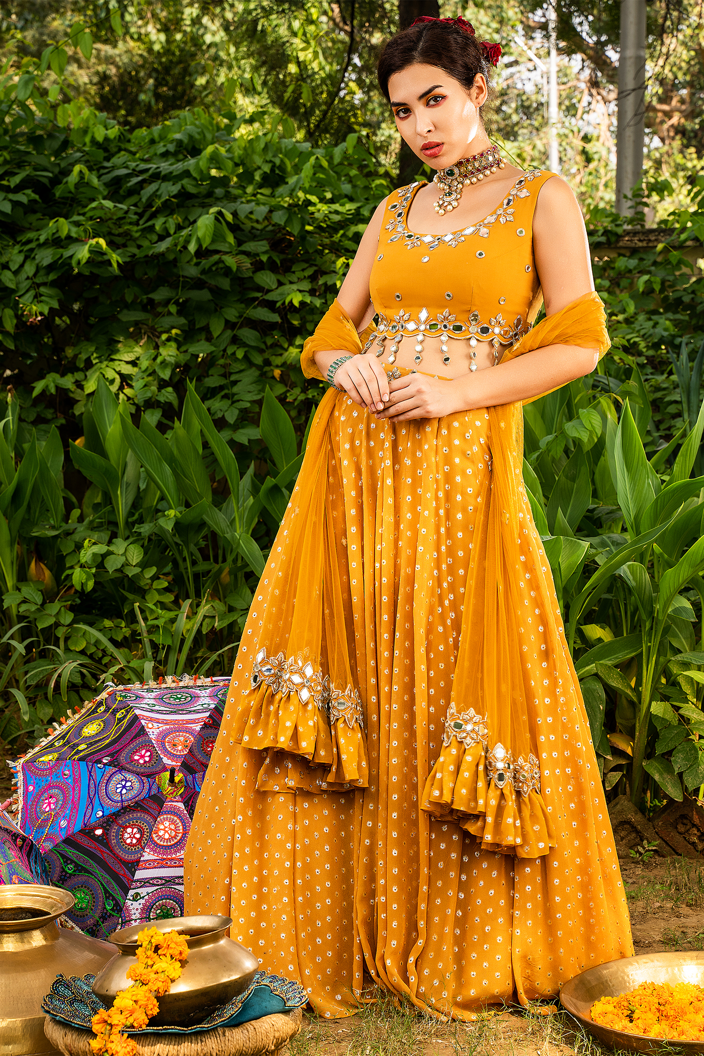 Lurex Georgette Lehenga With Scalloped Mirror Work Blouse And Dupatta