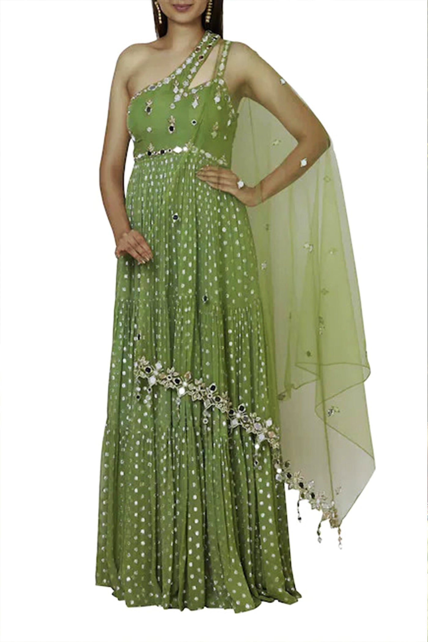 Shoulder Lurex Georgette Tiered Anarkali And Dupatta Set