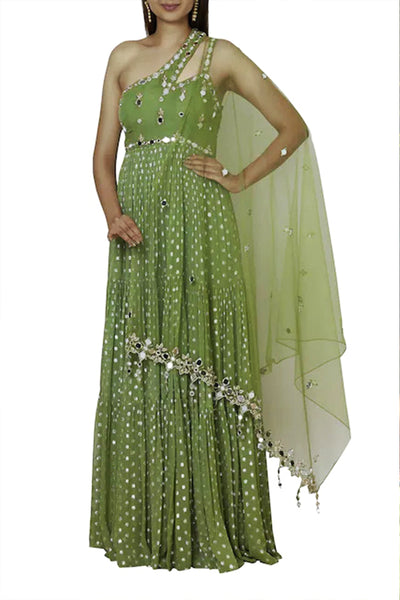 Shoulder Lurex Georgette Tiered Anarkali And Dupatta Set