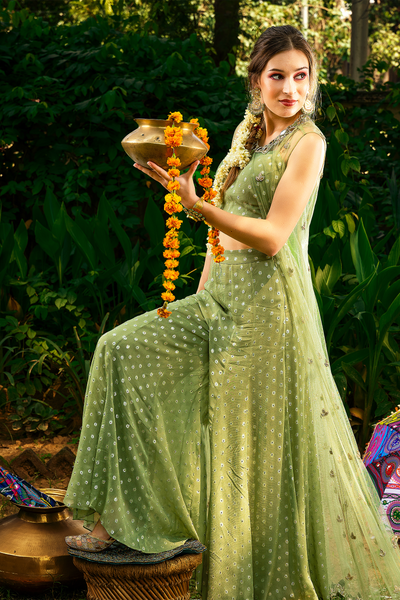 Net Floor Length Mirror Work Jacket With Lurex Georgette Crop Top And Pallazo Set