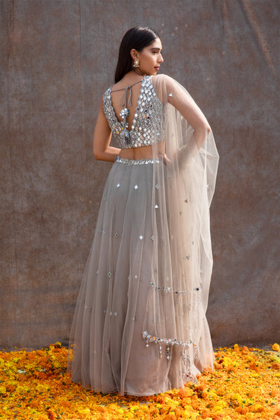 V-Hem Mirror Work Blouse With High Waist Lehenga And Dupatta Set