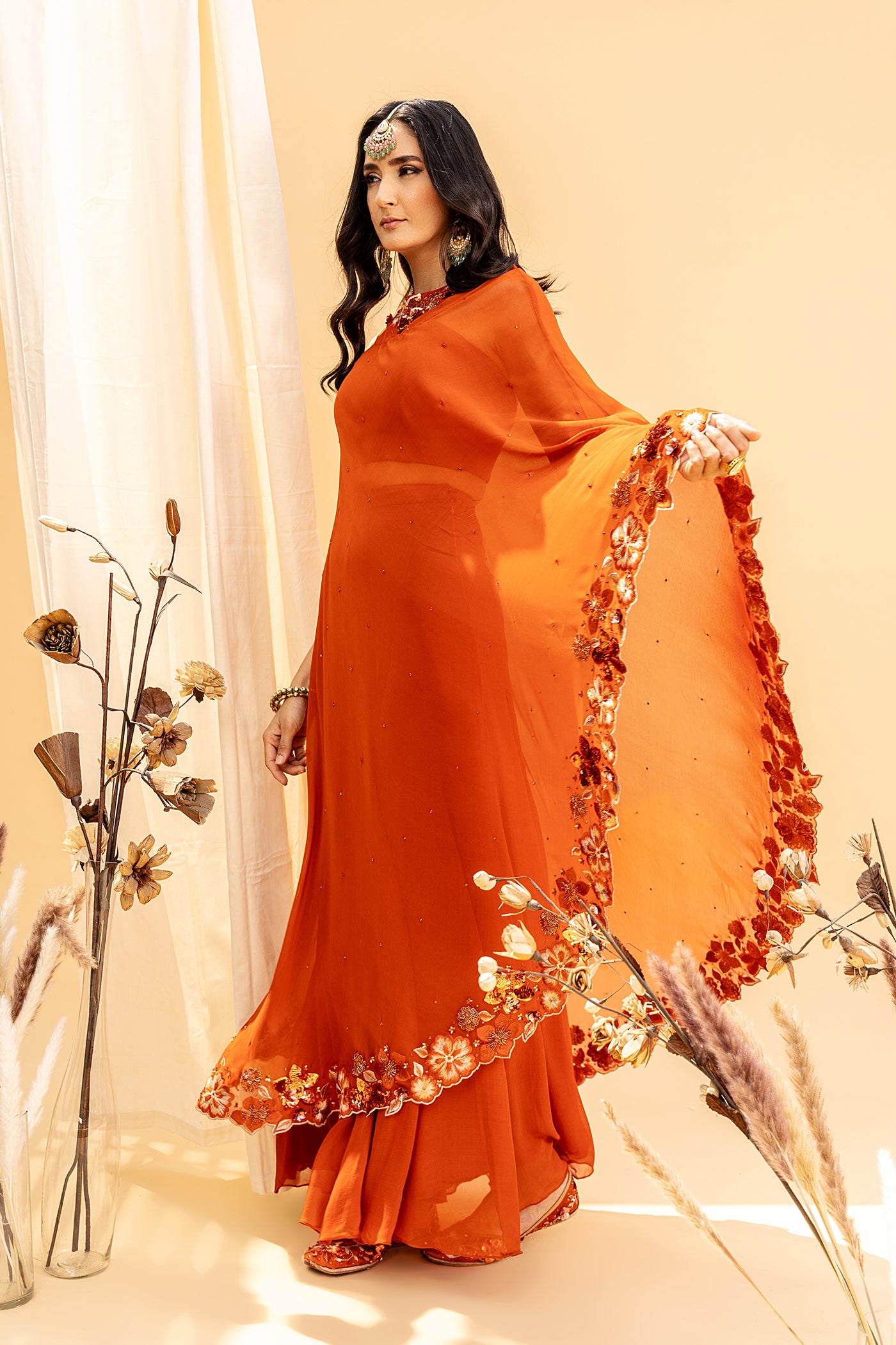 Floral Embroidered Drape With High Waist Pallazo And Blouse