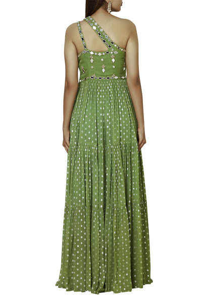 Shoulder Lurex Georgette Tiered Anarkali And Dupatta Set