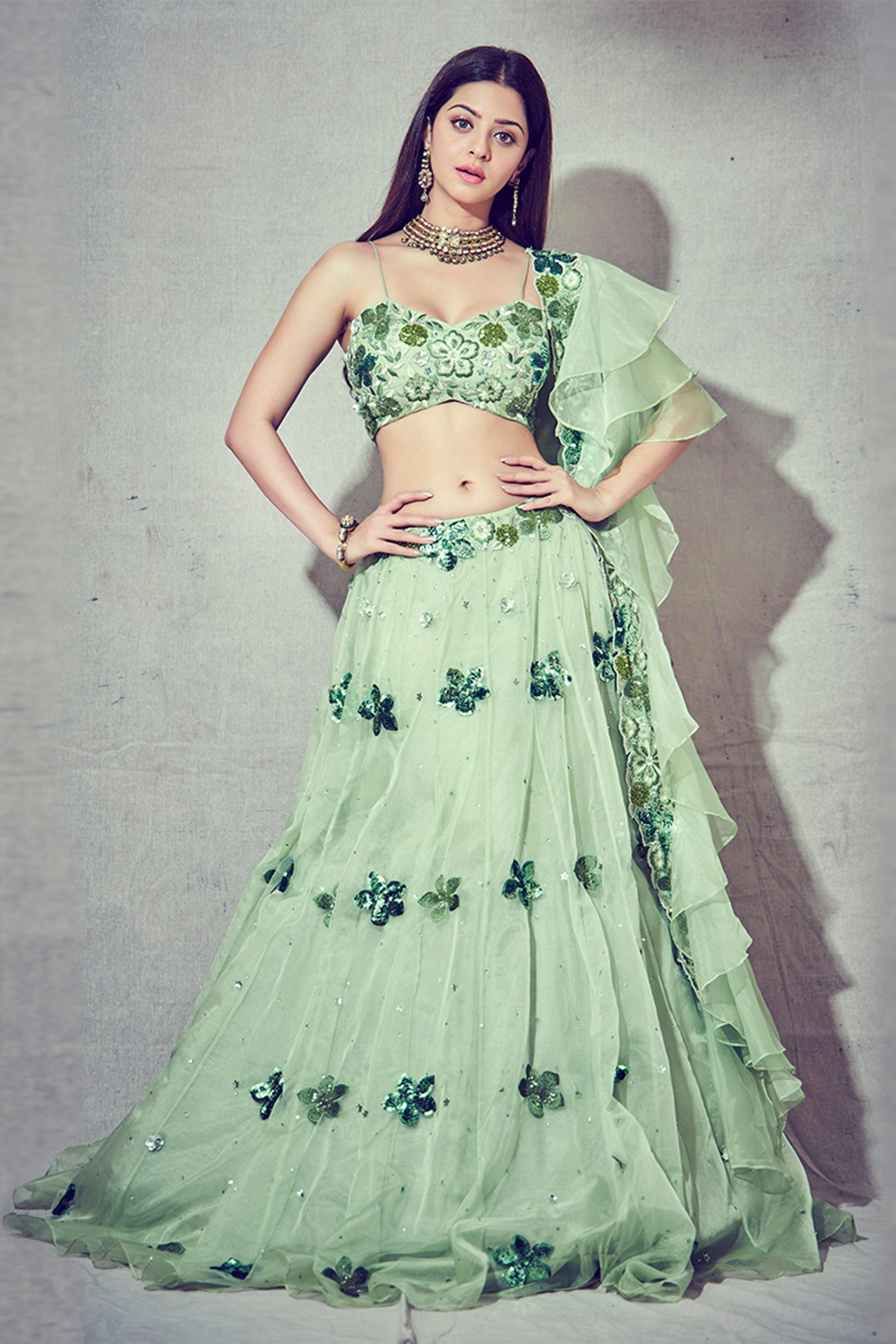 Floral Embroidered V-Hem Blouse With Embroidered Lehenga And Floral Embroidered Ruffles Dupatta