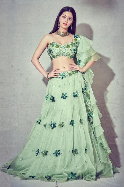 Floral Embroidered V-Hem Blouse With Embroidered Lehenga And Floral Embroidered Ruffles Dupatta