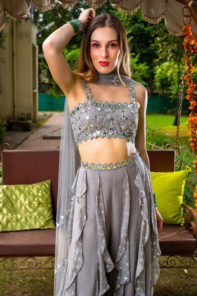 Lurex Georgette And Plain Georgette Frill Pallazo Tulle Mirror Work Bustier  And Dupatta