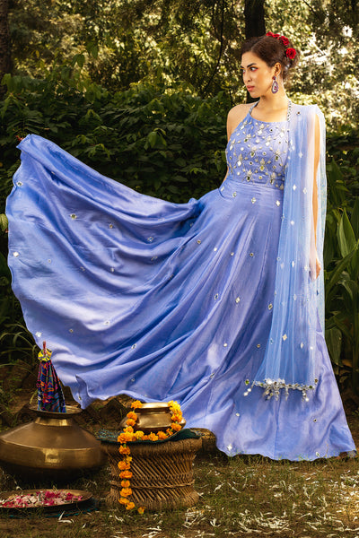Halter Neck Chanderi Mirror Work Anarkali And Dupatta Set