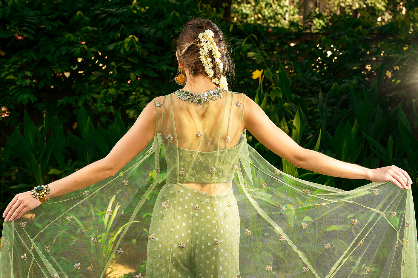 Net Floor Length Mirror Work Jacket With Lurex Georgette Crop Top And Pallazo Set