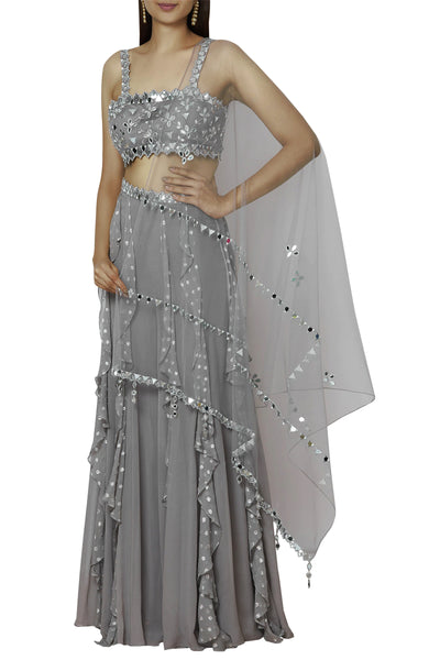 Lurex Georgette And Plain Georgette Frill Pallazo Tulle Mirror Work Bustier  And Dupatta