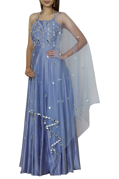 Halter Neck Chanderi Mirror Work Anarkali And Dupatta Set