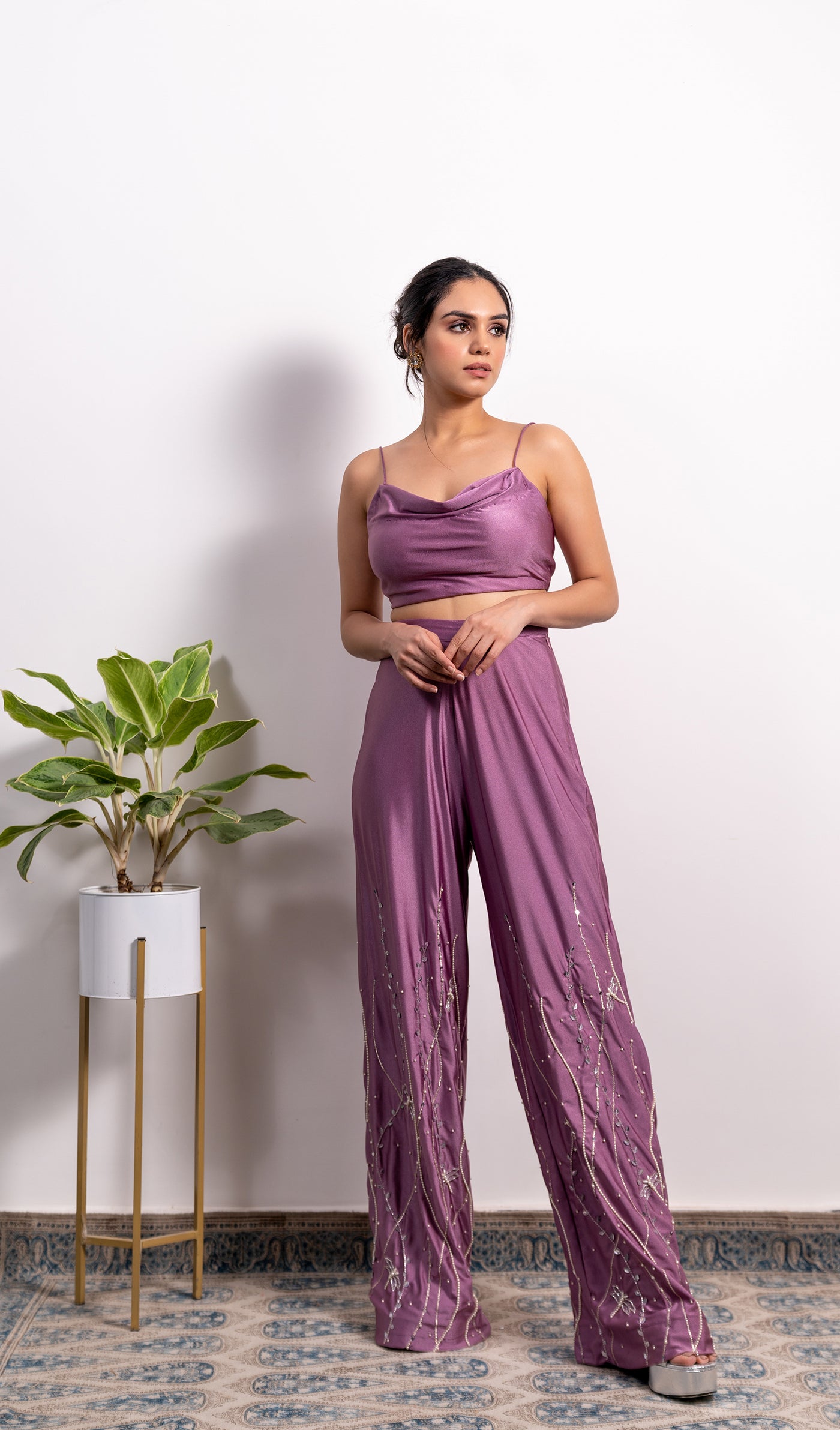 Cowl Top With High Waisted Embroidered Pant