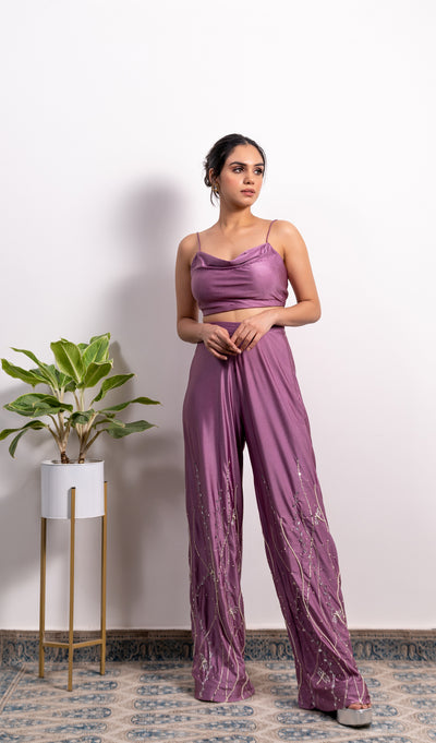 Cowl Top With High Waisted Embroidered Pant