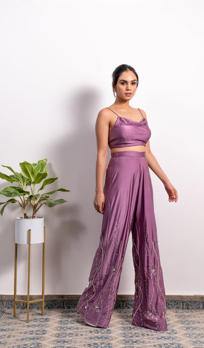 Cowl Top With High Waisted Embroidered Pant