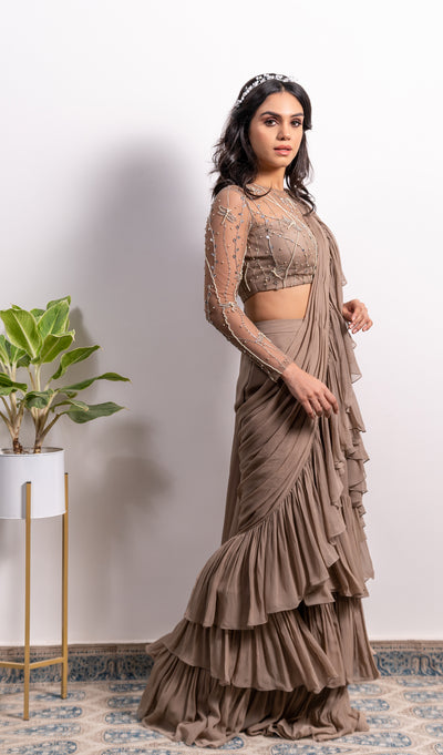 Frill Pre-Draped Saree With Embroidered Blouse
