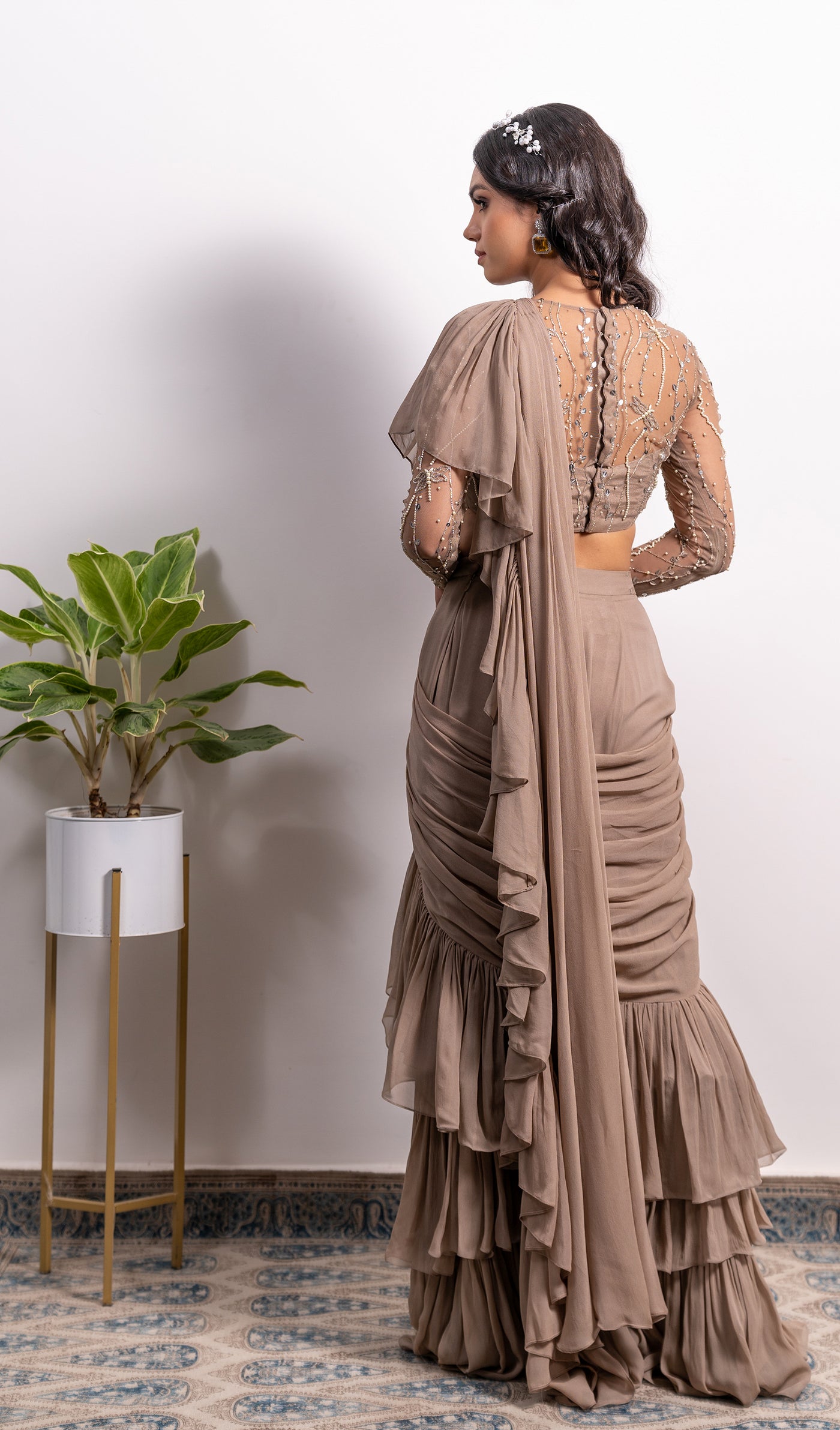 Frill Pre-Draped Saree With Embroidered Blouse