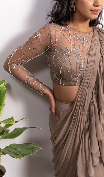 Frill Pre-Draped Saree With Embroidered Blouse