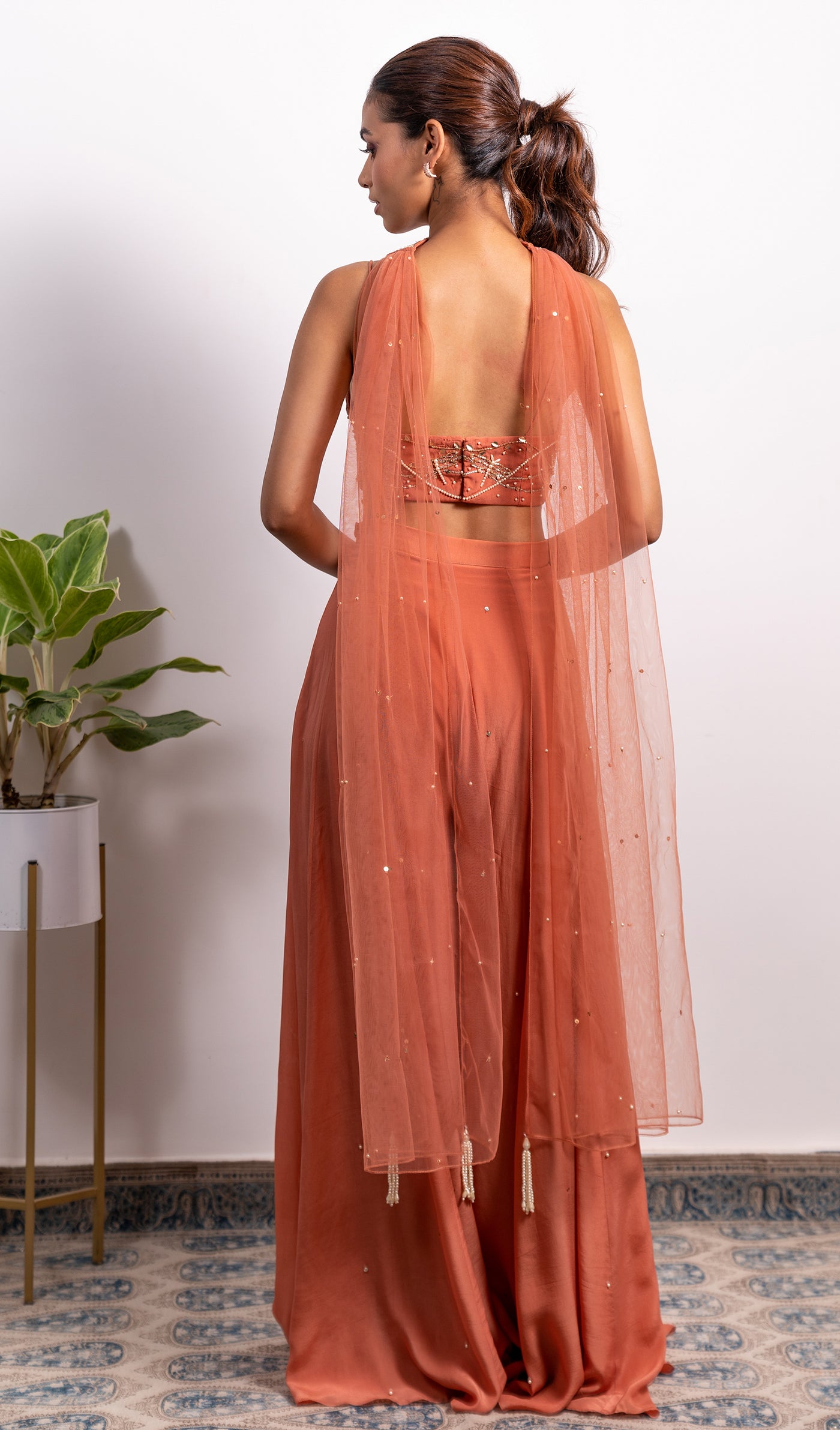 Embroidered Bustier With High Waisted Embellished Pallazo And Choker Dupatta