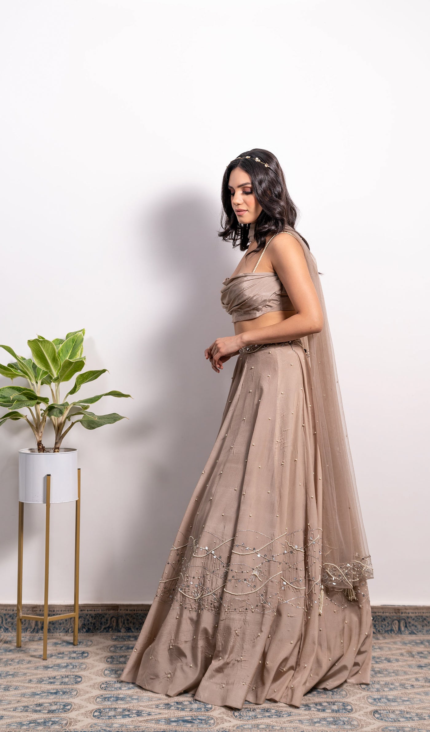 Cowl Top With Embroidered Lehenga And Dupatta