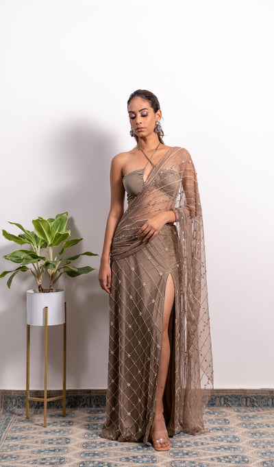 High Slit Embroidered Saree With Tie-Up Blouse
