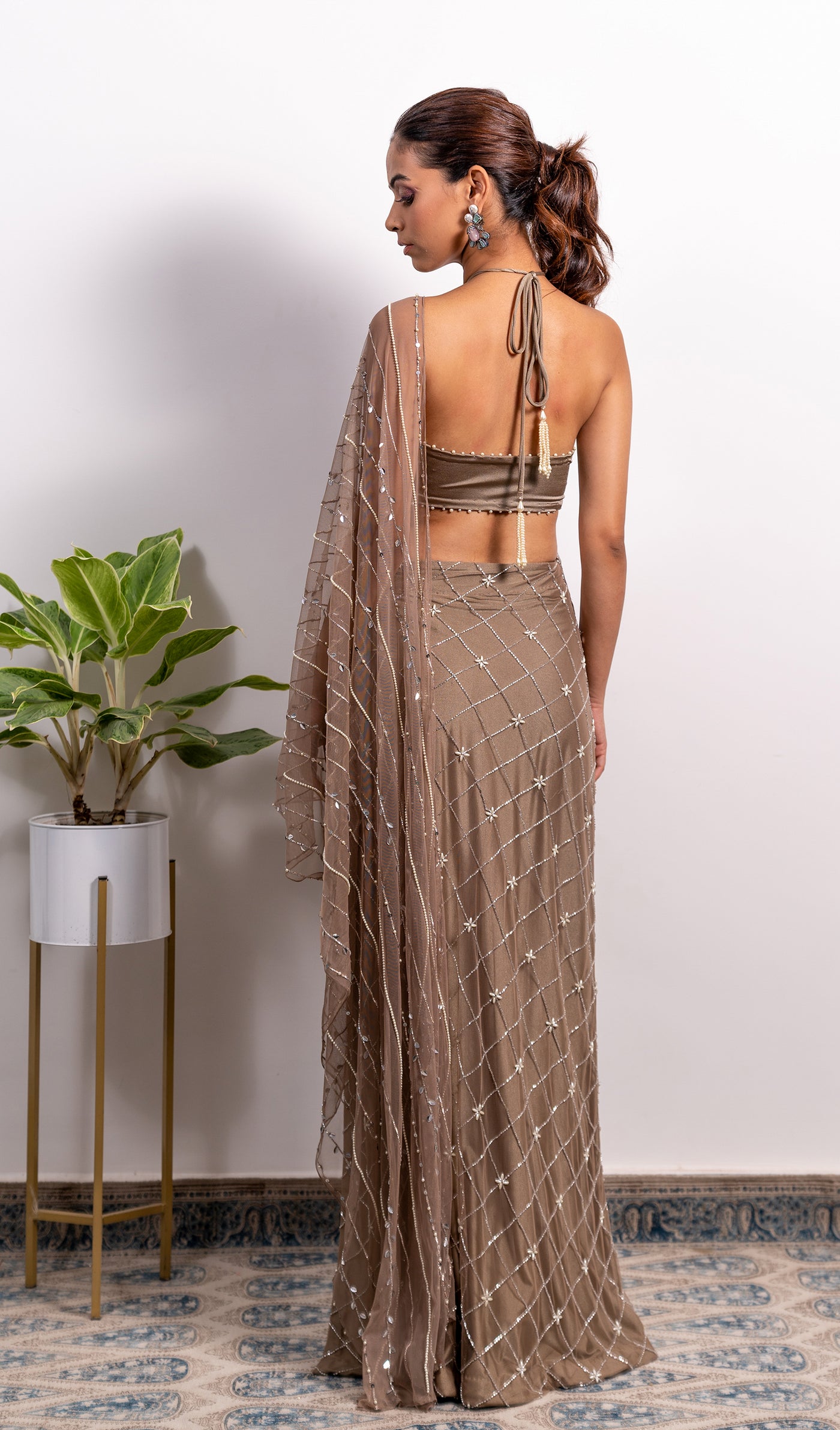 High Slit Embroidered Saree With Tie-Up Blouse