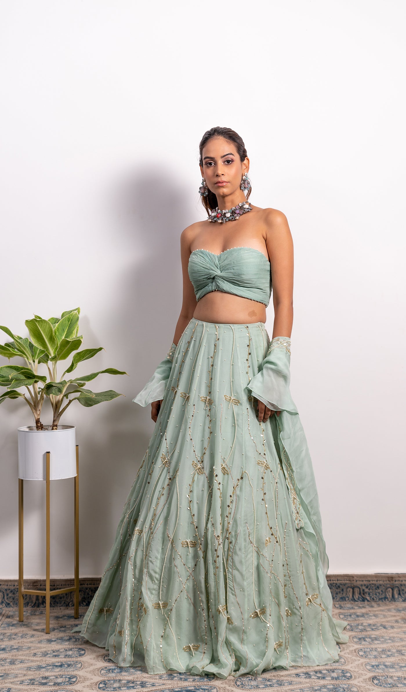 Organza Ruchhed Bustier With Embroidered High Waist Lehenga And Frill Dupatta (Straps Can Be Added)