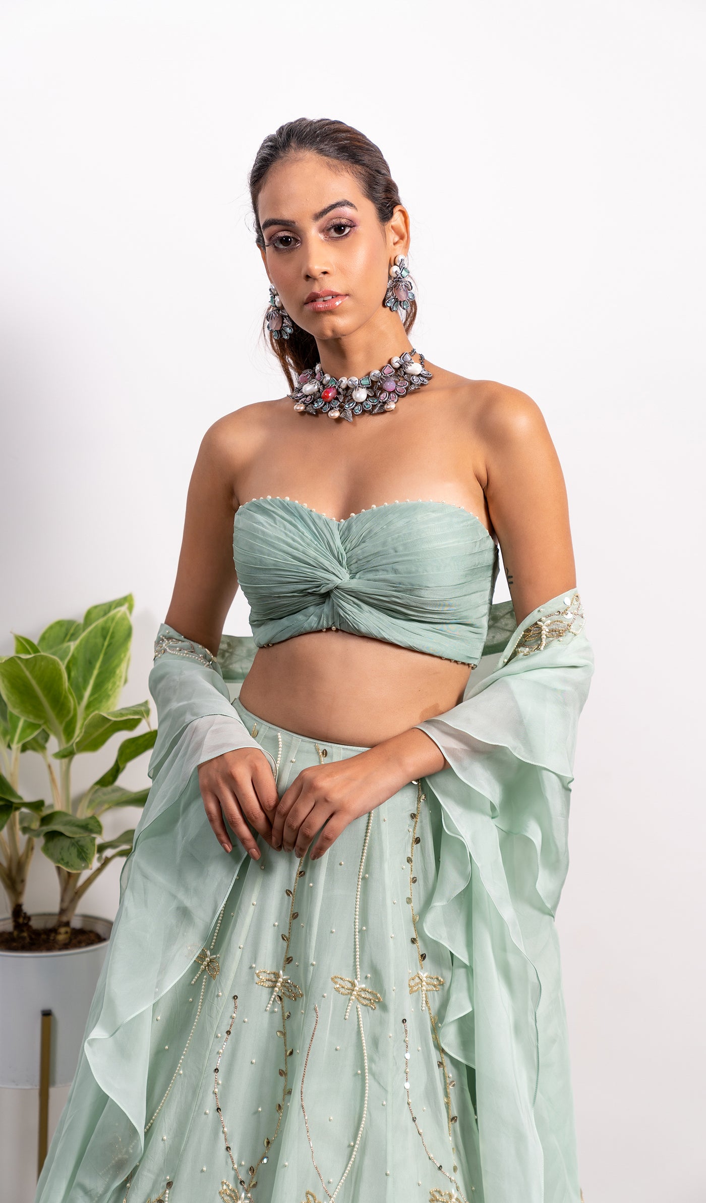 Organza Ruchhed Bustier With Embroidered High Waist Lehenga And Frill Dupatta (Straps Can Be Added)