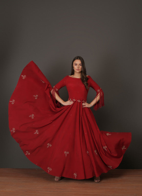 Red Fringe Crepe Anarkali