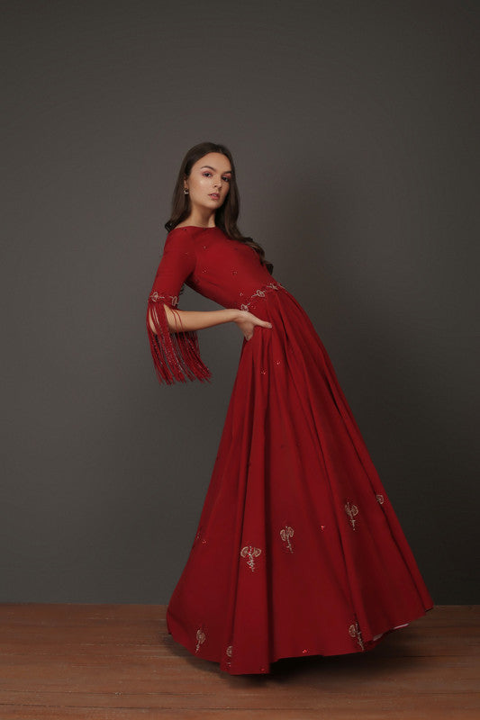 Red Fringe Crepe Anarkali