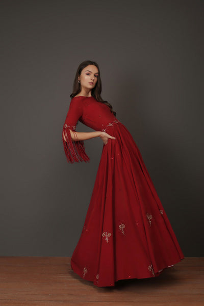 Red Fringe Crepe Anarkali