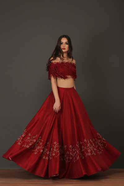Red Raw Silk Heavy Lehenga With Fringe Blouse