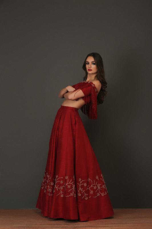Red Raw Silk Heavy Lehenga With Fringe Blouse