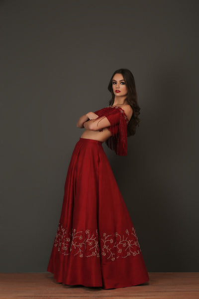 Red Raw Silk Heavy Lehenga With Fringe Blouse
