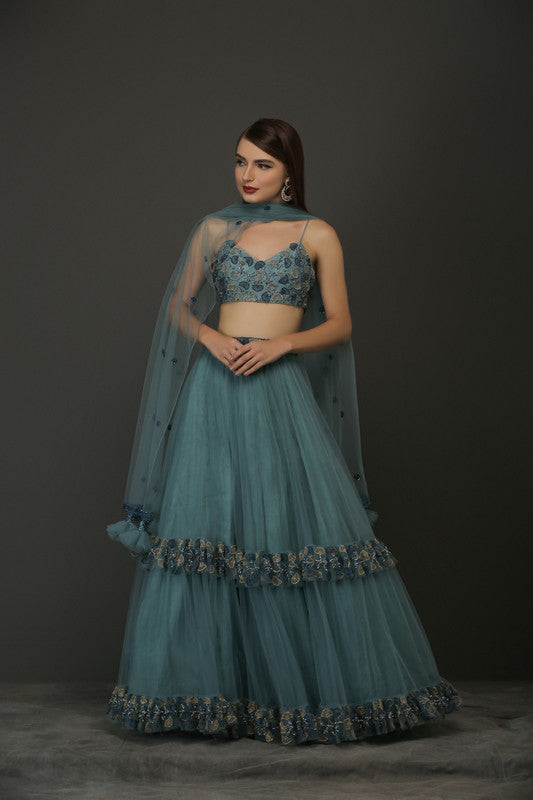 Teal Blue Net Frill Lehenga With Embellished Blouse