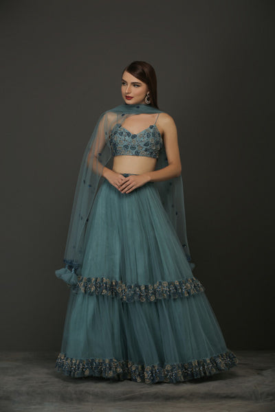 Teal Blue Net Frill Lehenga With Embellished Blouse