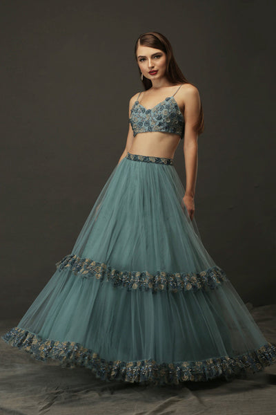 Teal Blue Net Frill Lehenga With Embellished Blouse