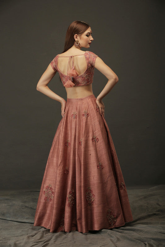 Pink Raw Silk Heavy Lehenga With Cap Sleeves Blouse